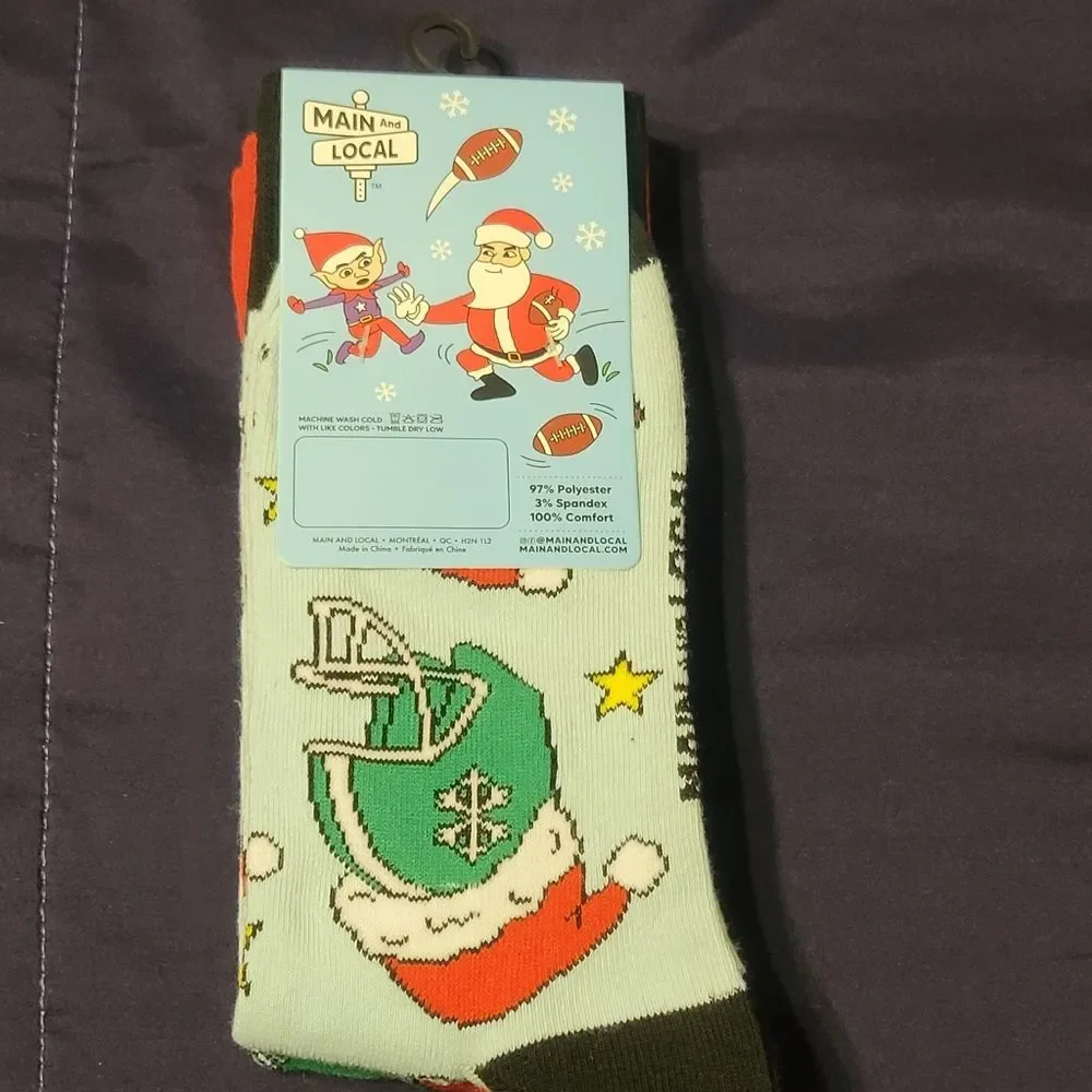 Green Christmas Socks with Santa and Football Design